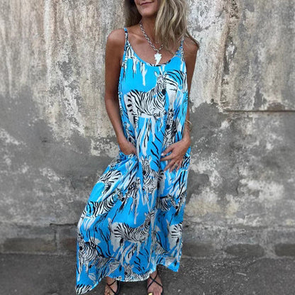 Women’s Maxi Dress – Relaxed Fit – Natural Fibers – Adjustable Straps – Pockets – Animal Print