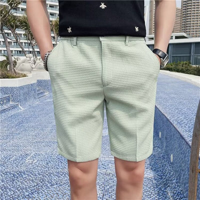 Men’s Slim Fit Shorts – Textured Woven Fabric – Button Waist – Knee Length – Belt Loops