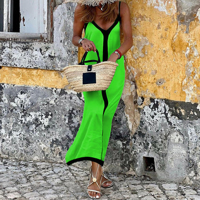 Women’s Midi Dress – Relaxed Fit – Adjustable Straps – V-Neck – Luxury Fabric Trim Detail