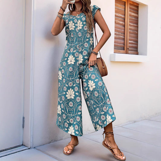Women’s Jumpsuit – Relaxed Fit – Cotton Blend – Wide Leg – Short Sleeve Floral