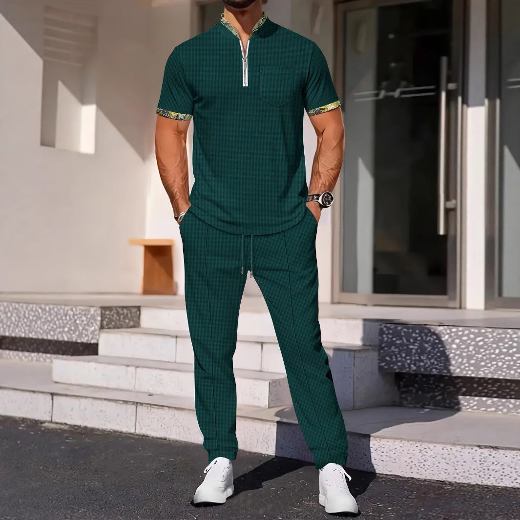 Matching Sport Set – Slim Fit – Zip Neck – Chest Pocket – Cotton Blend – Trim Detail