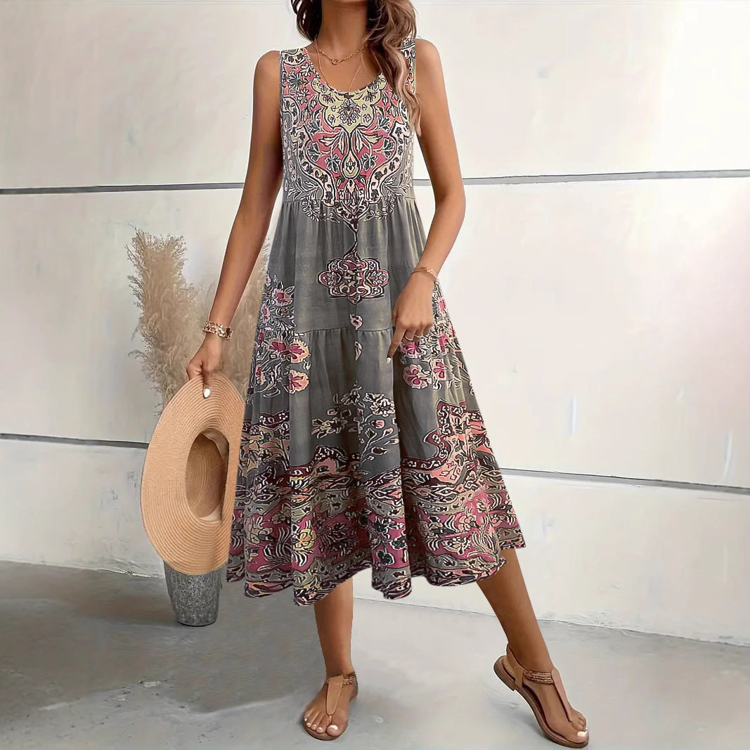 Women’s Midi Dress – A-Line Fit – Sleeveless – U-Neck – Floral Print – Cotton Blend