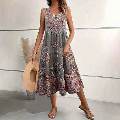 Women’s Midi Dress – A-Line Fit – Sleeveless – U-Neck – Floral Print – Cotton Blend