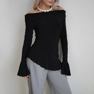 Women’s Off-Shoulder Top – Slim Fit – Ruffle Sleeve – Pleated Hem – Stretch Fabric