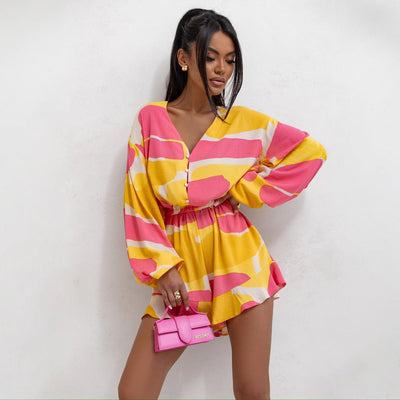 Women’s Romper – V-Neck – Abstract Print – Long Sleeve – Cinched Waist – Relaxed Fit