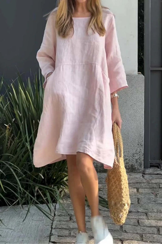 Women’s Dress – Relaxed Fit – Cotton Linen – 3/4 Sleeve – Knee Length – Pockets