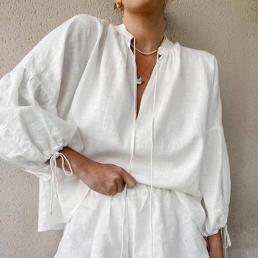 Women's Two-Piece Set - V-Neck Lantern Sleeve - Casual Shorts