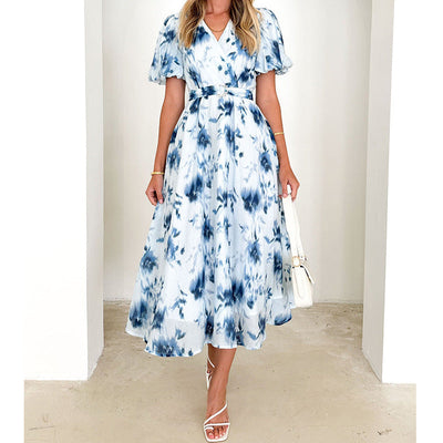 Women’s Midi Dress – V-Neck – Puff Sleeve – Fitted Waist – Lightweight Flared Fit