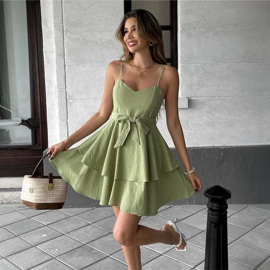Women’s Mini Dress – Fit and Flare – V-Neck – Spaghetti Straps – Tiered Skirt – Bow Waist