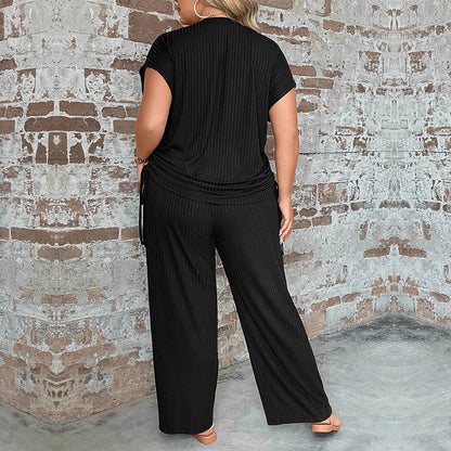 Women’s Two-Piece Set – Relaxed Fit – Wide Leg Trousers – Short Sleeve Top