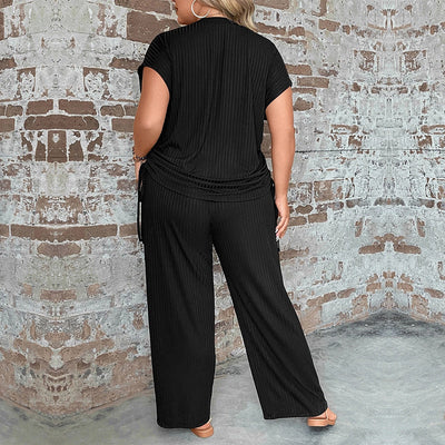 Women’s Two-Piece Set – Relaxed Fit – Wide Leg Trousers – Short Sleeve Top