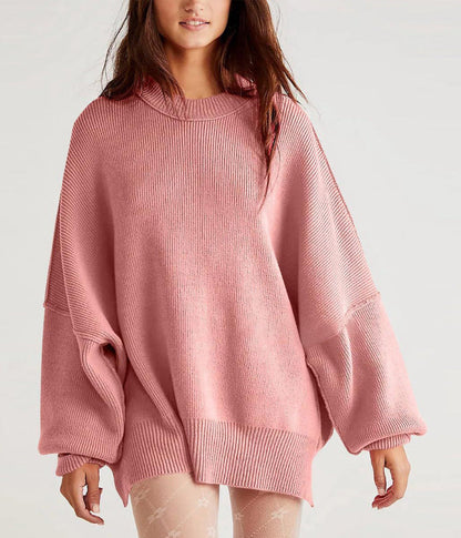Women’s Pullover Knit Sweater – Oversized Fit – Crew Neck – Long Sleeve – Side Slits