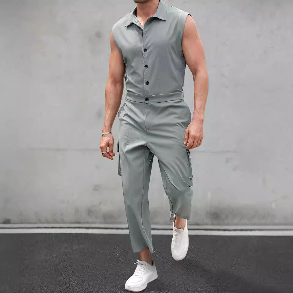 Men’s Jumpsuit – Slim Fit – Sleeveless Button-Up – Shirt Collar – Cargo Pockets