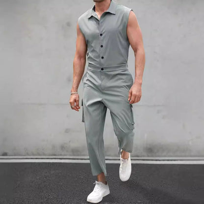 Men’s Jumpsuit – Slim Fit – Sleeveless Button-Up – Shirt Collar – Cargo Pockets