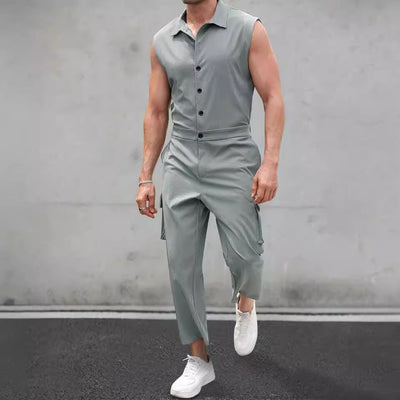 Men’s Jumpsuit – Slim Fit – Sleeveless Button-Up – Shirt Collar – Cargo Pockets