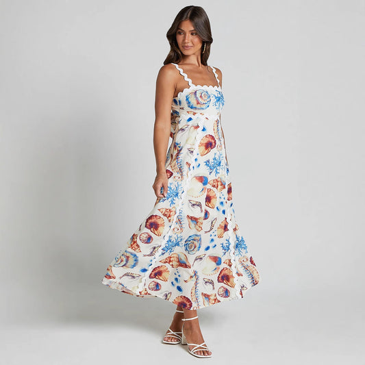 Women’s Maxi Dress – Lightweight Cotton – Loose Fit – Spaghetti Strap – Printed Design