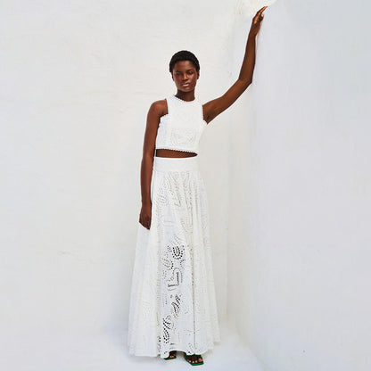 Women’s Two-Piece Set – Sleeveless Cropped Top – Flared High Waist Skirt – Broderie Detail