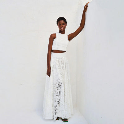 Women’s Two-Piece Set – Sleeveless Cropped Top – Flared High Waist Skirt – Broderie Detail
