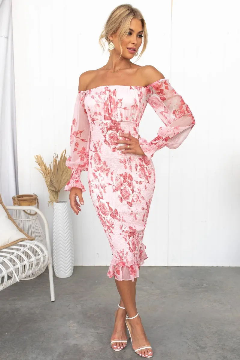 Women's Off-Shoulder Bodycon Dress - Floral Print - Sheer Puff Sleeves - Ruffled Hem
