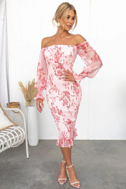 Women's Off-Shoulder Bodycon Dress - Floral Print - Sheer Puff Sleeves - Ruffled Hem
