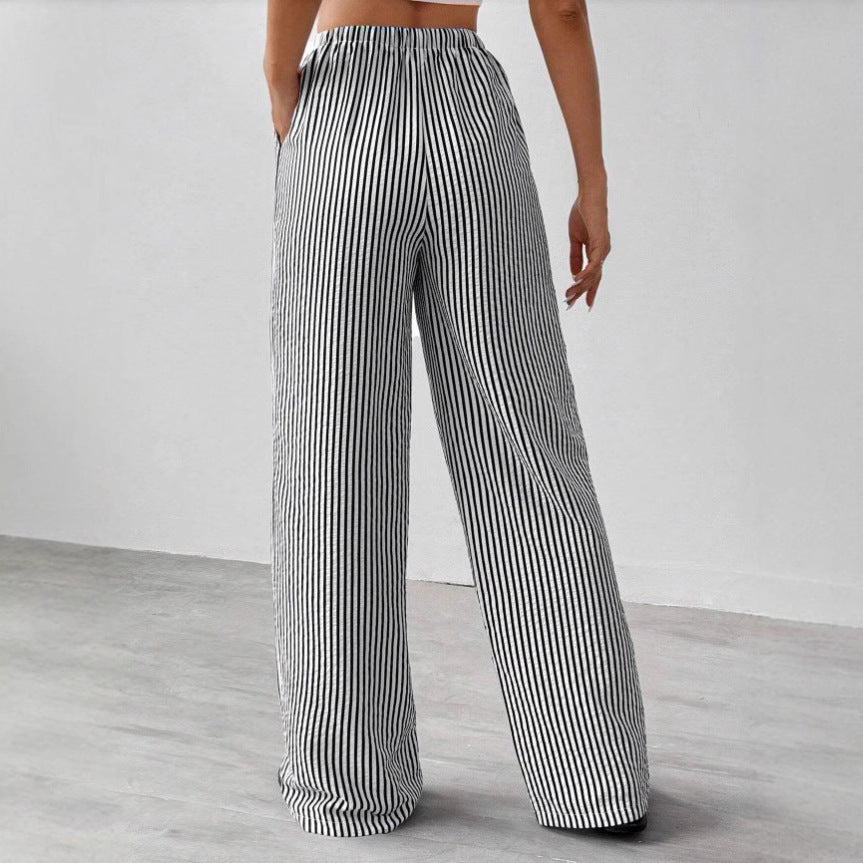 Women’s Straight-Leg Trousers – Drawstring Waist – Striped – Lightweight Breathable Fit