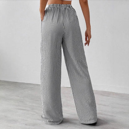 Women’s Straight-Leg Trousers – Drawstring Waist – Striped – Lightweight Breathable Fit
