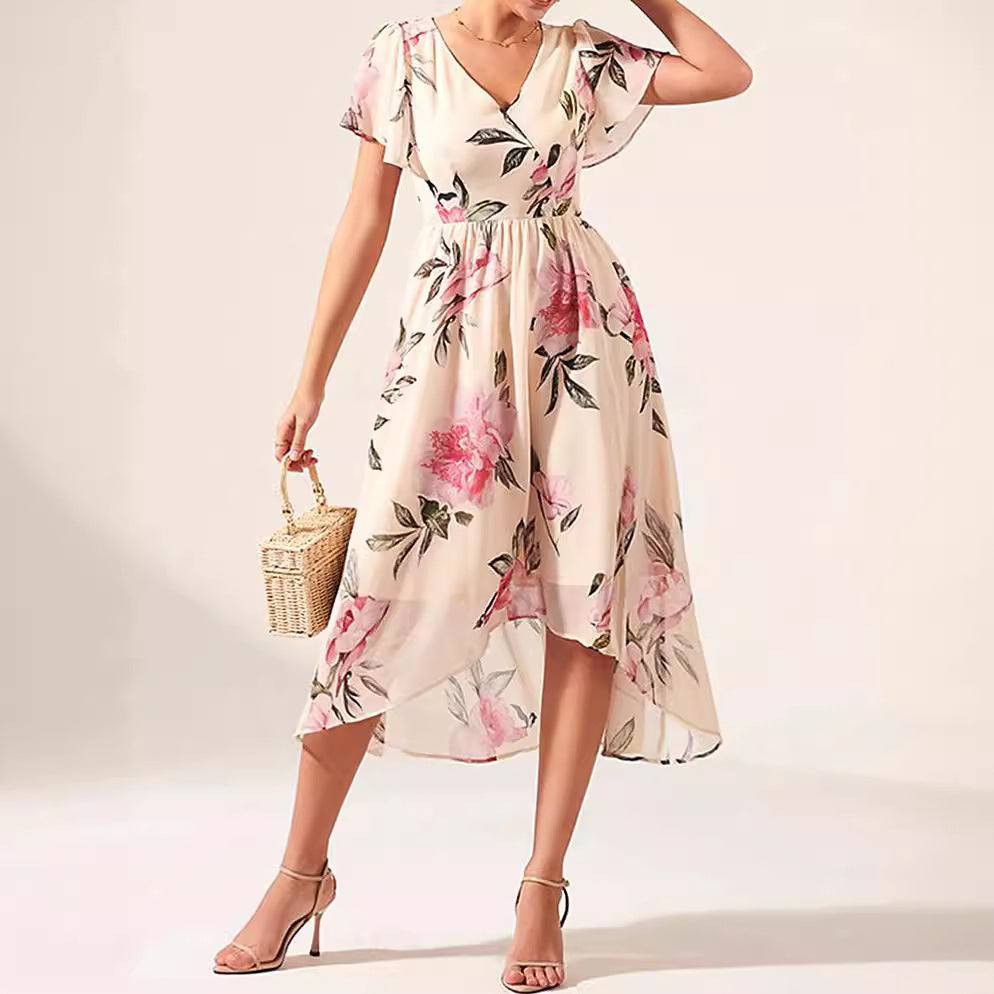 Women’s Midi Dress – Floral Print – Wrap V-Neck – Ruffle Sleeve – Tie Waist Hem