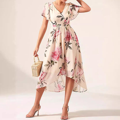 Women’s Midi Dress – Floral Print – Wrap V-Neck – Ruffle Sleeve – Tie Waist Hem