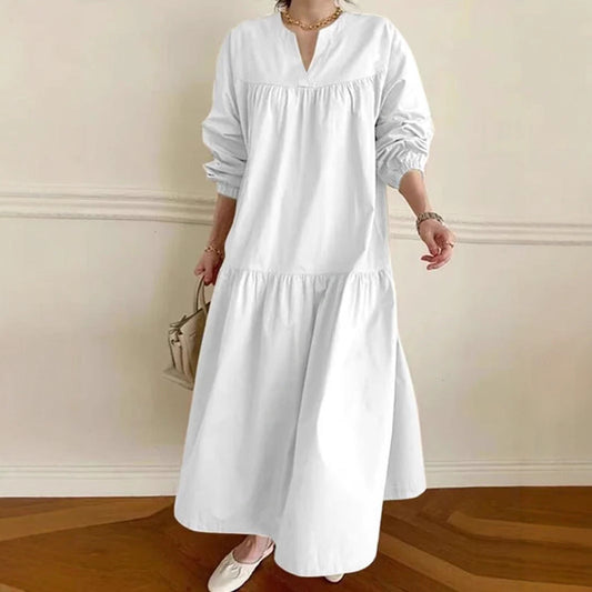 Women’s Maxi Dress – Cotton Linen Blend – Oversized Fit – V-Neck – Puff Sleeve