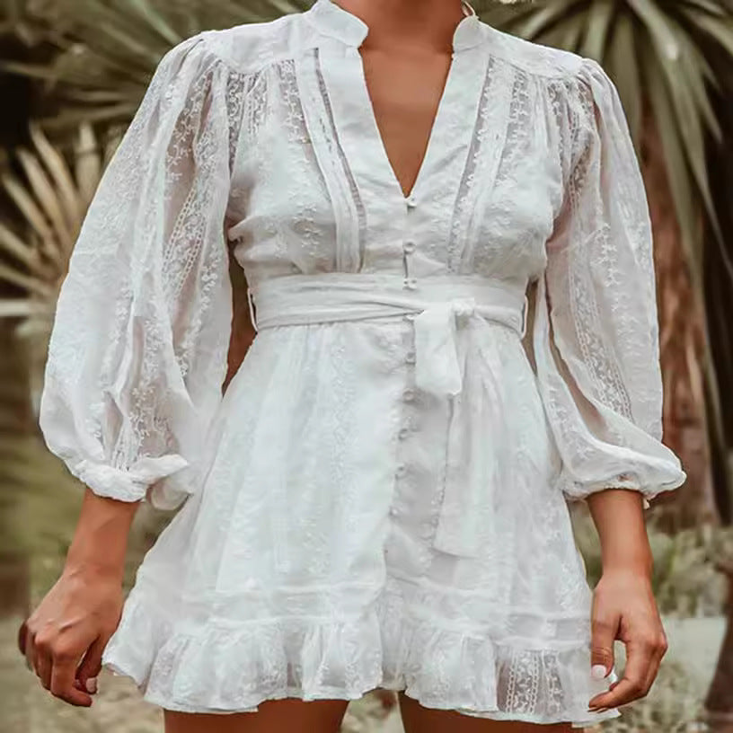 Women’s Mini Dress – Tie Waist – Ruffle Hem – Long Balloon Sleeves – Breathable Blend