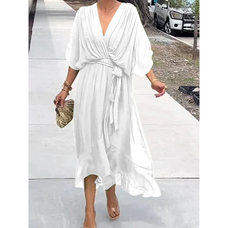 Women’s Maxi Dress – Relaxed Fit – Batwing Sleeves – Tie Waist – Asymmetrical Hem