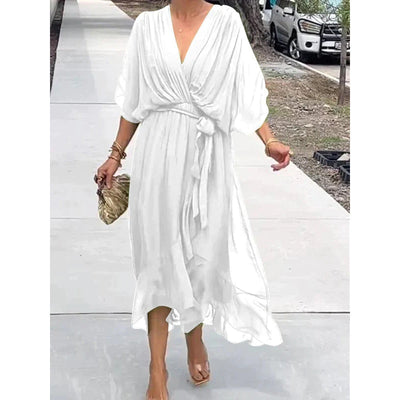 Women’s Maxi Dress – Relaxed Fit – Batwing Sleeves – Tie Waist – Asymmetrical Hem
