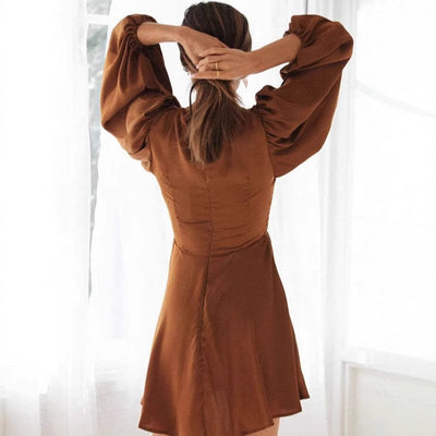 Women’s Mini Dress – A-Line Fit – Puff Sleeve – V-Neck – Tie Front Waist