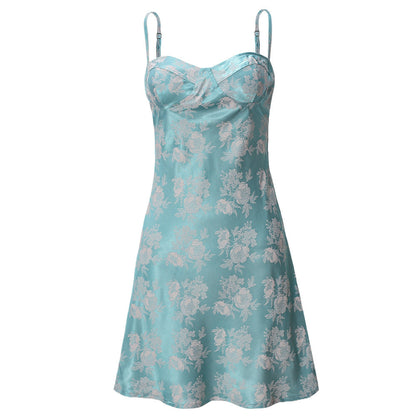Women’s Mini Dress – Satin Fabric – Slim Fit – Spaghetti Straps – Floral Pattern