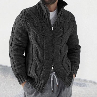 Men’s Knit Cardigan – Wool Blend – Relaxed Fit – High Neck – Cable Sleeve – Zip Front