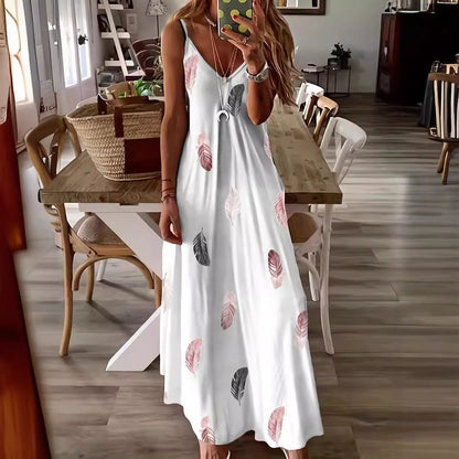 Women’s Maxi Dress – Leaf Print – Relaxed Fit – Sleeveless V-Neck – Breathable Blend