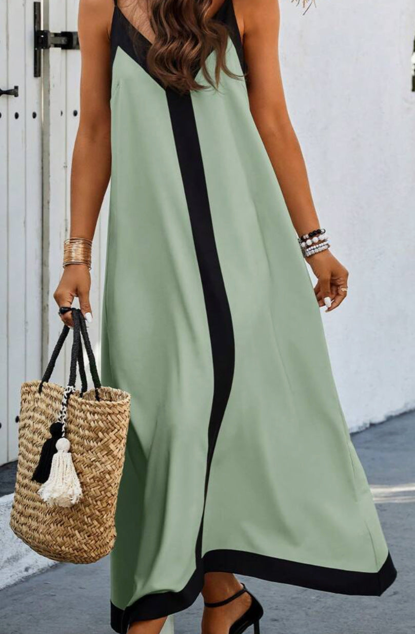 Women’s Midi Dress – Relaxed Fit – Adjustable Straps – V-Neck – Luxury Fabric Trim Detail
