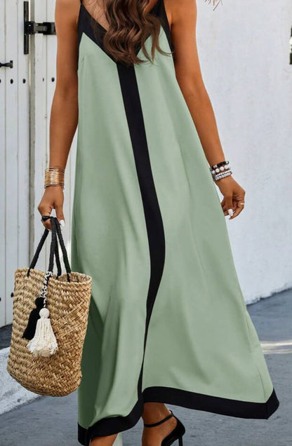 Women’s Midi Dress – Relaxed Fit – Adjustable Straps – V-Neck – Luxury Fabric Trim Detail
