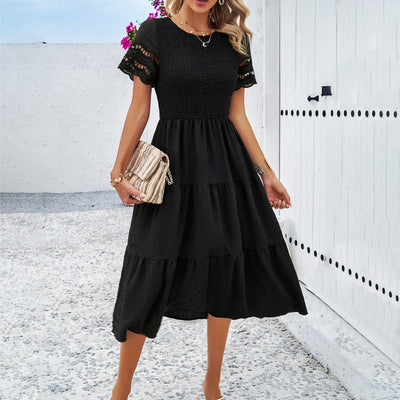 Women’s Midi Dress – Smocked Bodice – Tiered Skirt – Cut-Out Sleeves – Cotton Blend
