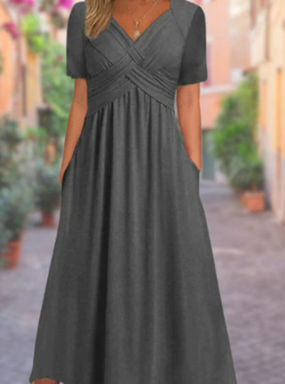 Women's A-Line Dress - Criss-Cross Bust - Short Sleeve - Knee-Length with Pockets