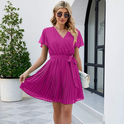 Women's Wrap Dress - V-Neck - Short Flutter Sleeves - Pleated Knee-Length - Tie Waist