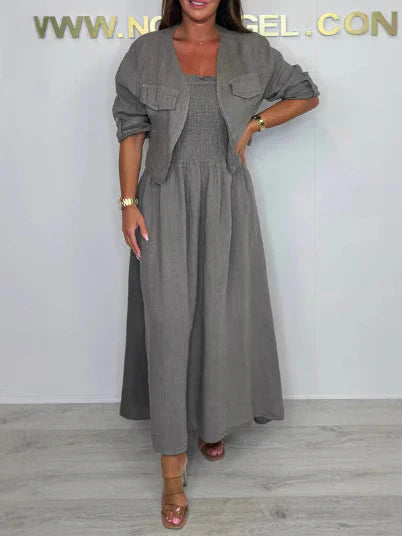Women’s Maxi Dress Set – Smocked Bodice – Relaxed Fit – Cotton – Matching Jacket