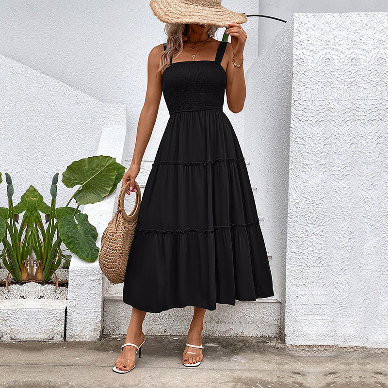 Women’s Sleeveless Midi Dress – Smocked Bodice – Tiered Skirt – Cotton Blend