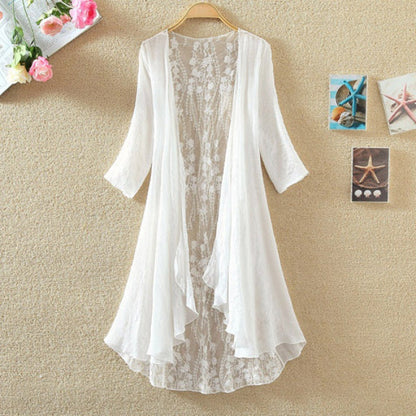Women’s Mid-Length Cardigan – Lace Back – Open Front – Loose Fit – Breathable Blend
