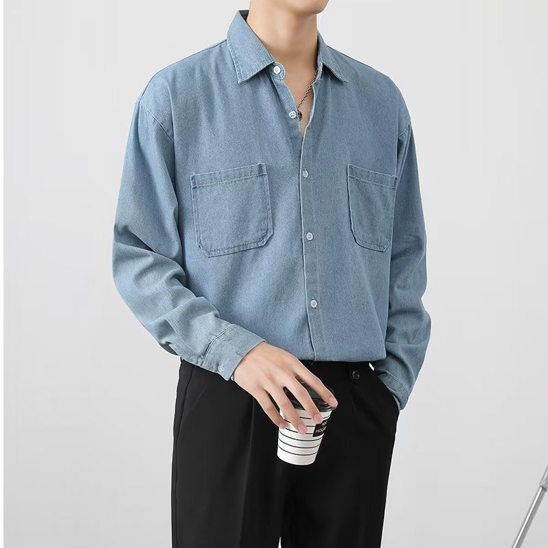 Men's denim shirt with front button closure and long sleeves