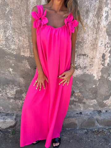 Women’s Maxi Dress – Relaxed Fit – Flowing Silhouette – Floral Shoulder Detail – Soft Fabric