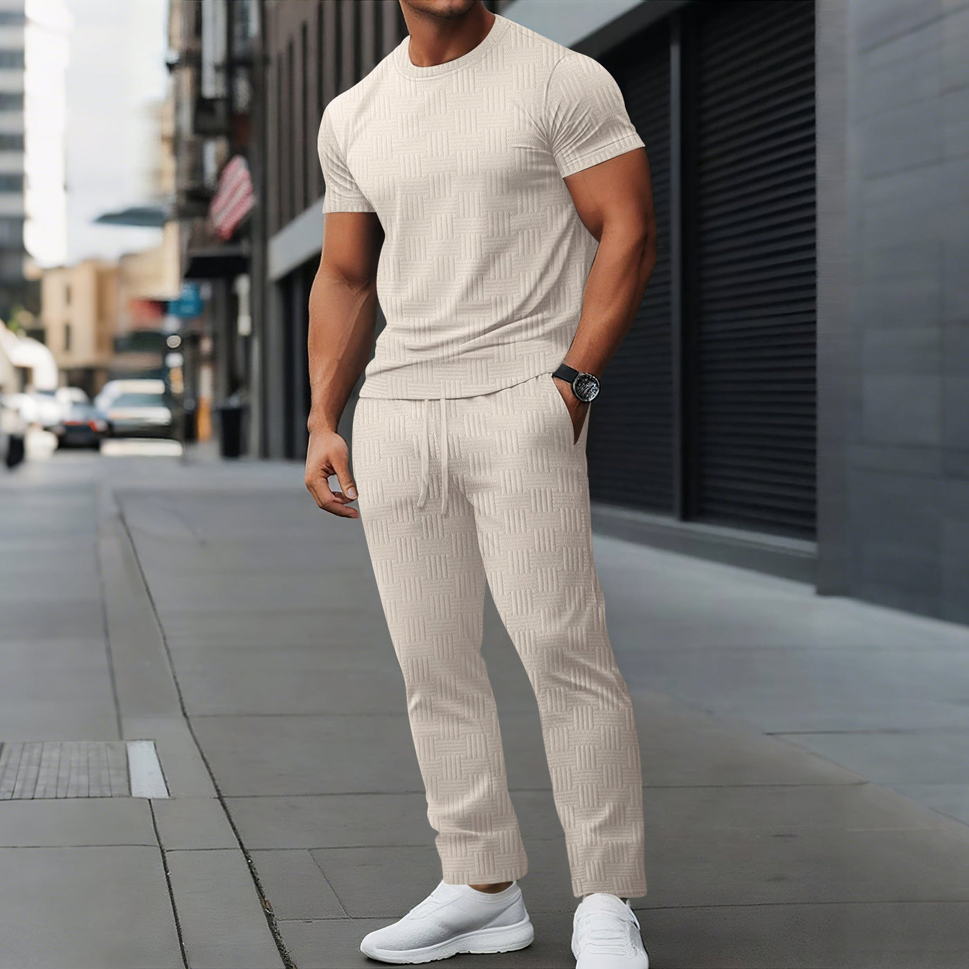 Men’s Athletic Trousers Set – Slim Fit – Stretch Fabric – Full Length Drawstring Waist