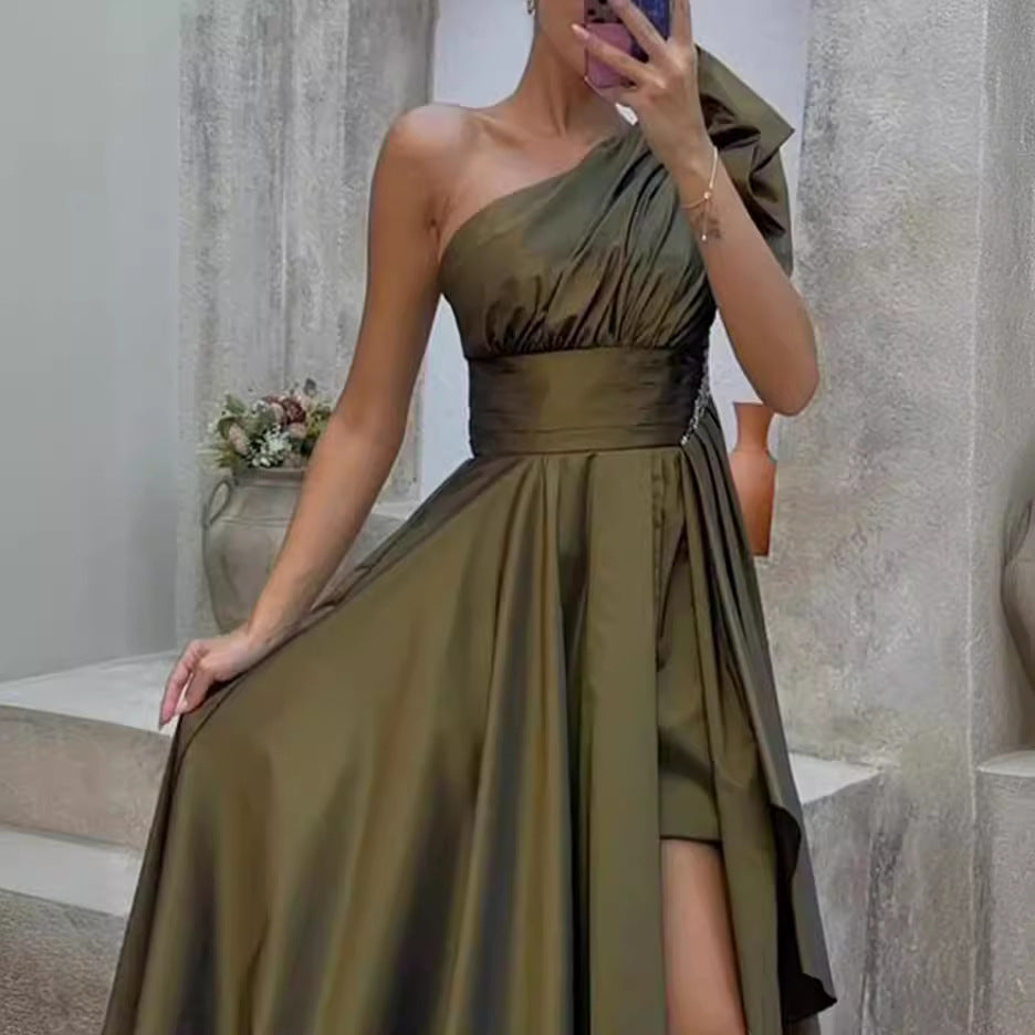 Women’s Evening Gown – One-Shoulder – Luxury Fabric – Thigh Slit – Voluminous Skirt
