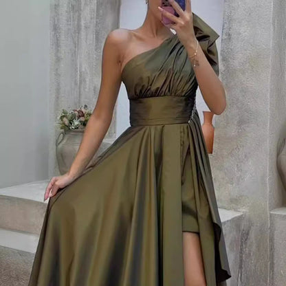 Women’s Evening Gown – One-Shoulder – Luxury Fabric – Thigh Slit – Voluminous Skirt