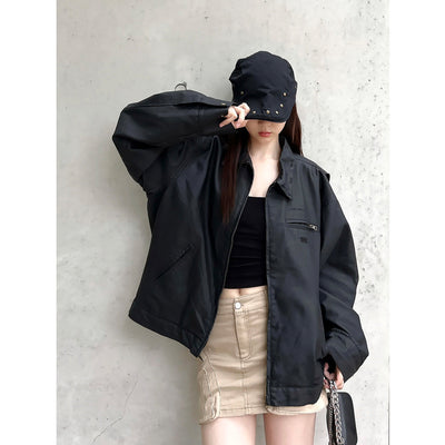 Women's Faux Leather Jacket – Oversized Fit – Waxed Finish – Zippered Pockets